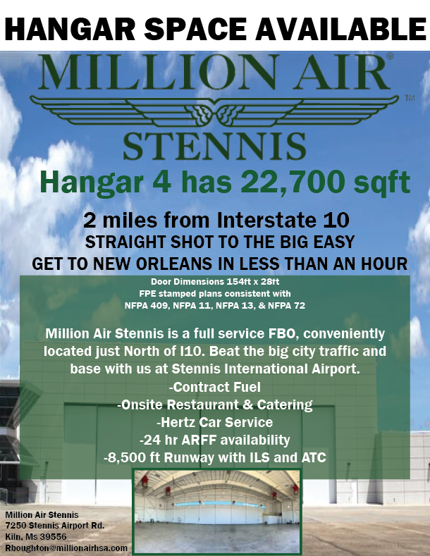 Hangar Space Available at Million Air Stennis