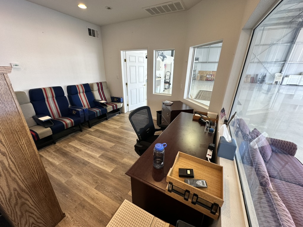 3500 Sq Ft Hangar with bathroom, shower, office, A/C, Swamp cooler, furniture, etc.