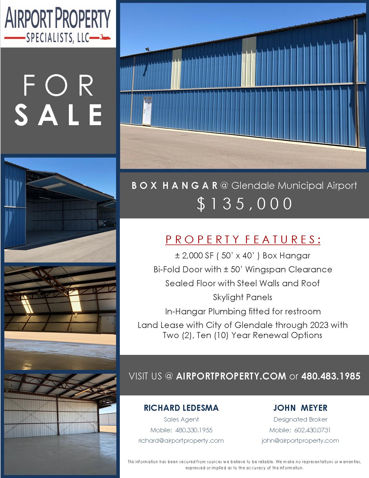 SOLD!!! Glendale Airport Box Hangar for Sale ?2,000 SF
